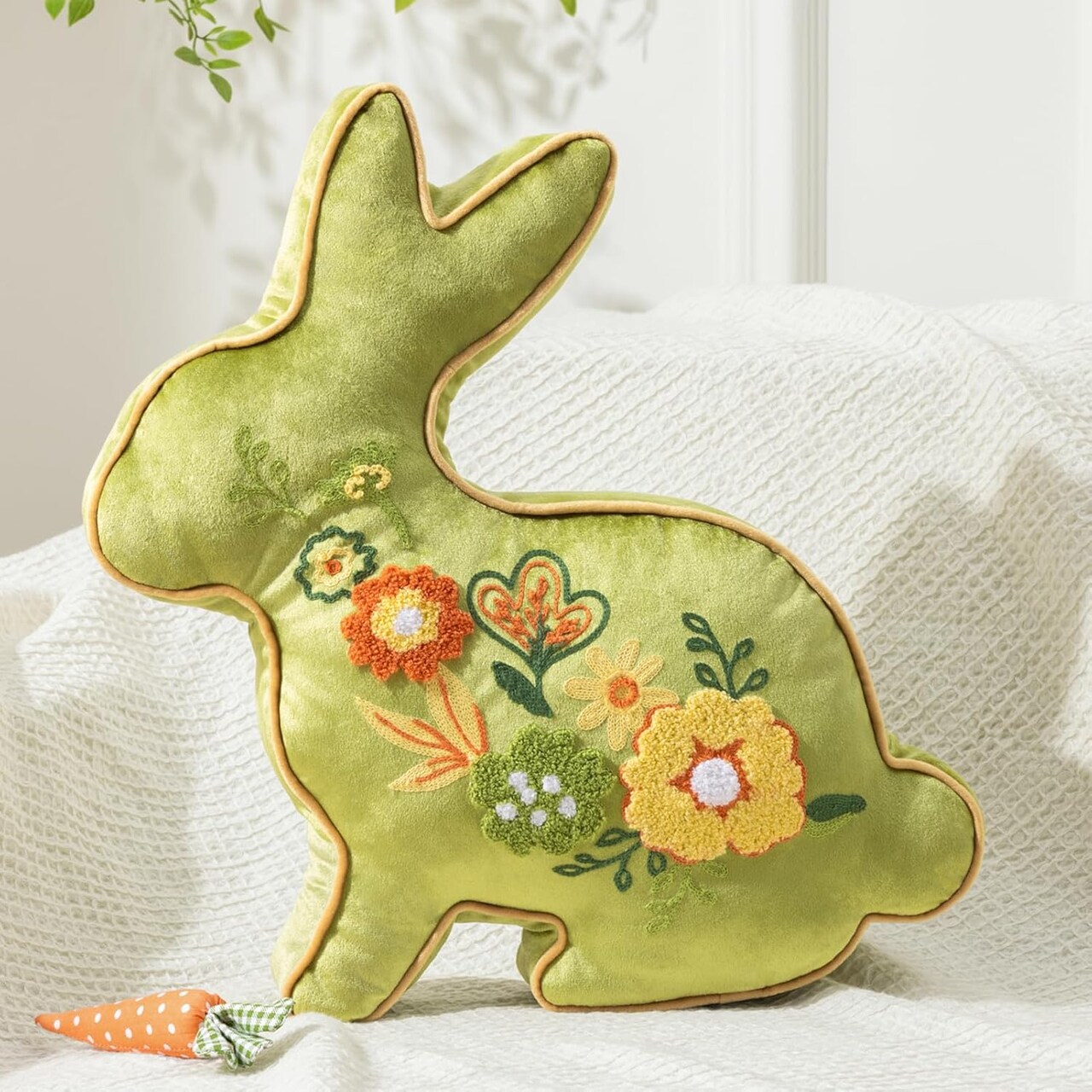Happy Easter Bunny Shaped Throw Pillow, Embroidered Floral Patterns Cushion Soft Velvet Easter Rabbit